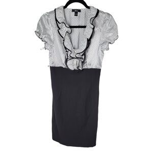 BCX Womens Sz 7 Black White Polka Dot Cap Sleeve Ruffle Dress